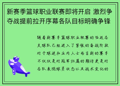 新赛季篮球职业联赛即将开启 激烈争夺战提前拉开序幕各队目标明确争锋激烈