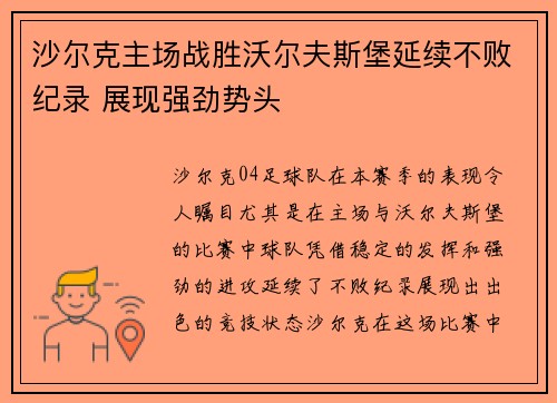 沙尔克主场战胜沃尔夫斯堡延续不败纪录 展现强劲势头